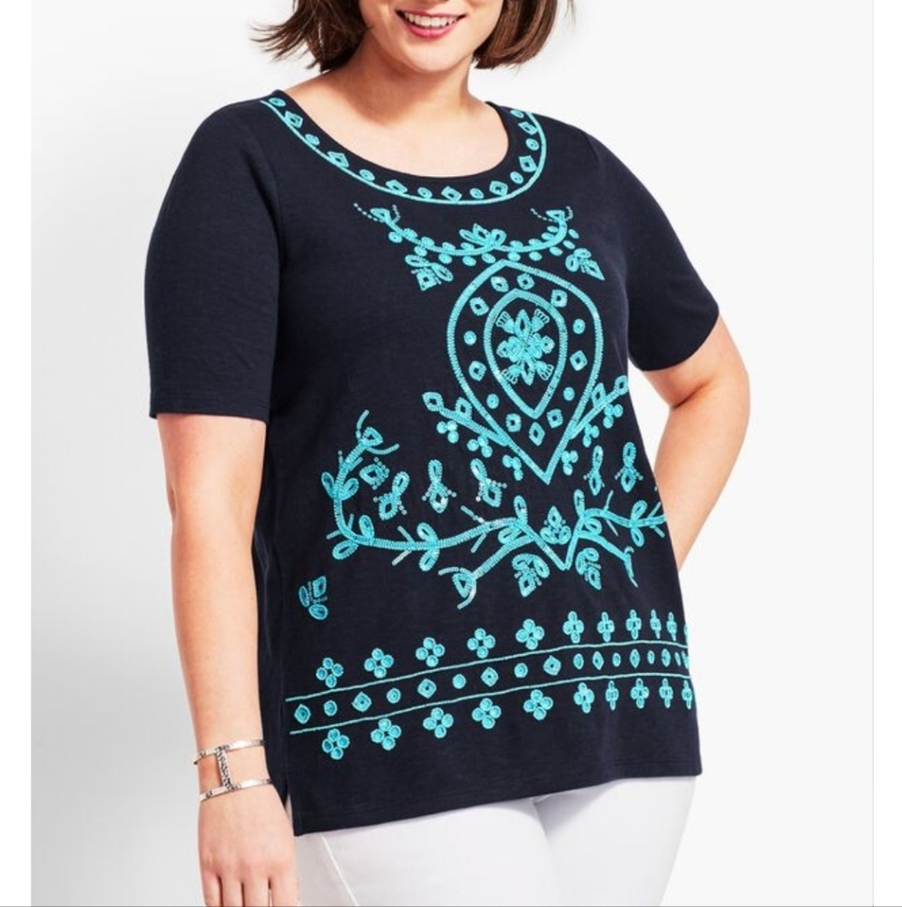Talbots Beaded embroidered‎ sequin blue tunic boho top 2X Cotton Resort Preppy